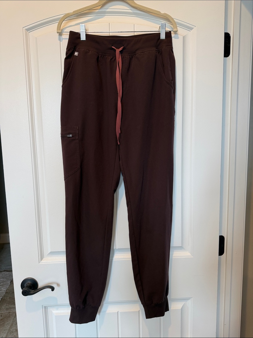 Figs Women's Track Joggers in Dark Brown with Dusty Rose Drawstring